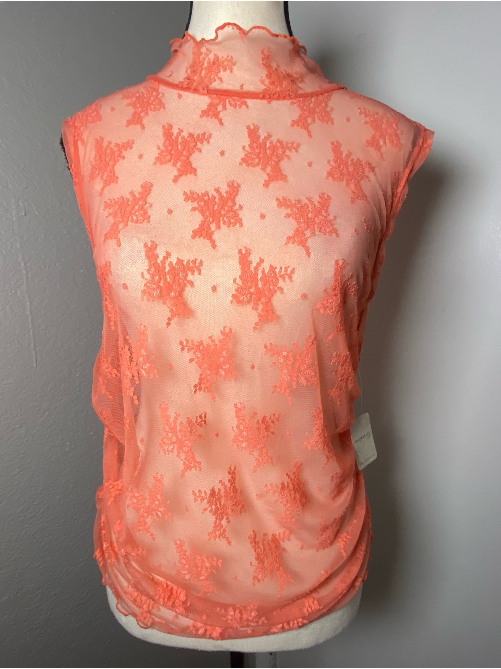 Free People Coral Floral Lace Frilly Mock Neck Top Size XL